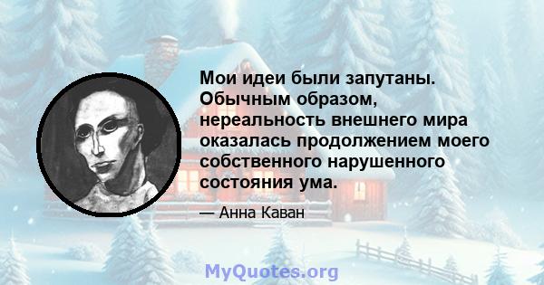 Мои идеи были запутаны. Обычным образом, нереальность внешнего мира оказалась продолжением моего собственного нарушенного состояния ума.