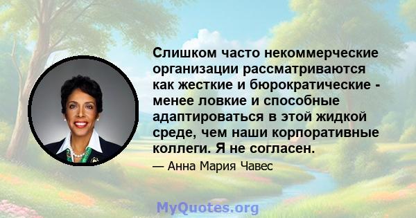 Слишком часто некоммерческие организации рассматриваются как жесткие и бюрократические - менее ловкие и способные адаптироваться в этой жидкой среде, чем наши корпоративные коллеги. Я не согласен.