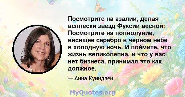 Посмотрите на азалии, делая всплески звезд Фуксии весной; Посмотрите на полнолуние, висящее серебро в черном небе в холодную ночь. И поймите, что жизнь великолепна, и что у вас нет бизнеса, принимая это как должное.