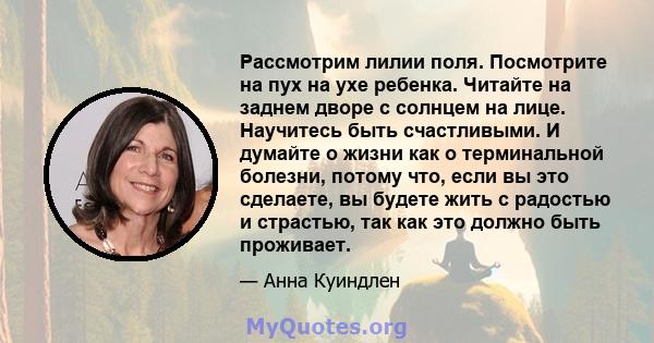 Рассмотрим лилии поля. Посмотрите на пух на ухе ребенка. Читайте на заднем дворе с солнцем на лице. Научитесь быть счастливыми. И думайте о жизни как о терминальной болезни, потому что, если вы это сделаете, вы будете