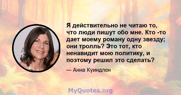 Я действительно не читаю то, что люди пишут обо мне. Кто -то дает моему роману одну звезду; они тролль? Это тот, кто ненавидит мою политику, и поэтому решил это сделать?