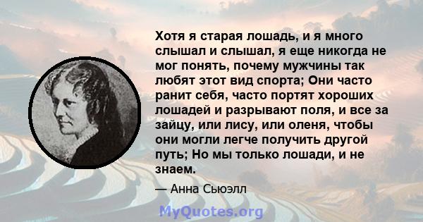 Хотя я старая лошадь, и я много слышал и слышал, я еще никогда не мог понять, почему мужчины так любят этот вид спорта; Они часто ранит себя, часто портят хороших лошадей и разрывают поля, и все за зайцу, или лису, или