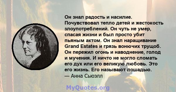 Он знал радость и насилие. Почувствовал тепло детей и жестокость злоупотреблений. Он чуть не умер, спасая жизни и был просто убит пьяным актом. Он знал наращивание Grand Estates и грязь вонючих трущоб. Он пережил огонь