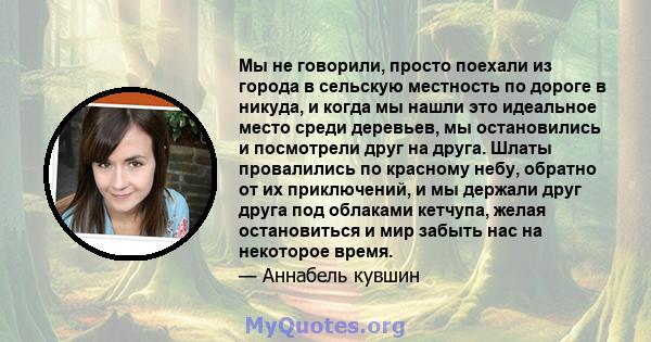 Мы не говорили, просто поехали из города в сельскую местность по дороге в никуда, и когда мы нашли это идеальное место среди деревьев, мы остановились и посмотрели друг на друга. Шлаты провалились по красному небу,