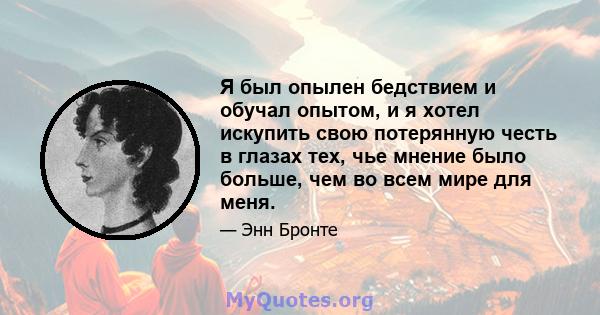 Я был опылен бедствием и обучал опытом, и я хотел искупить свою потерянную честь в глазах тех, чье мнение было больше, чем во всем мире для меня.