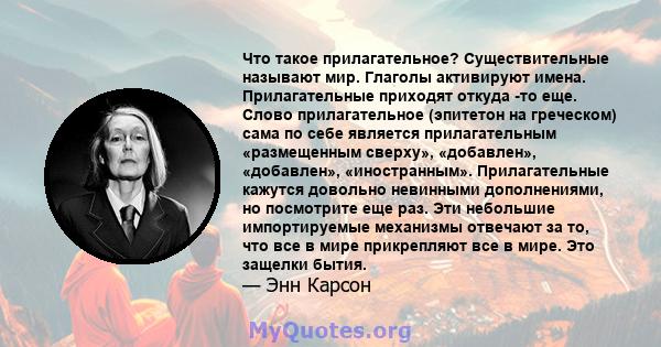 Что такое прилагательное? Существительные называют мир. Глаголы активируют имена. Прилагательные приходят откуда -то еще. Слово прилагательное (эпитетон на греческом) сама по себе является прилагательным «размещенным