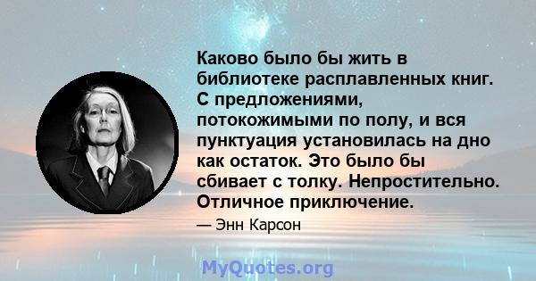 Каково было бы жить в библиотеке расплавленных книг. С предложениями, потокожимыми по полу, и вся пунктуация установилась на дно как остаток. Это было бы сбивает с толку. Непростительно. Отличное приключение.