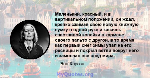 Маленький, красный, и в вертикальном положении, он ждал, крепко сжимая свою новую книжную сумку в одной руке и касаясь счастливой копейки в кармане своего пальто с другой, в то время как первый снег зимы упал на его