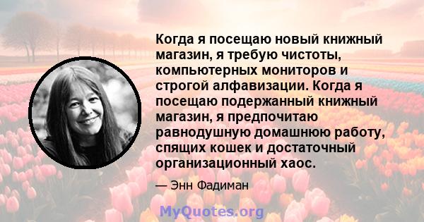 Когда я посещаю новый книжный магазин, я требую чистоты, компьютерных мониторов и строгой алфавизации. Когда я посещаю подержанный книжный магазин, я предпочитаю равнодушную домашнюю работу, спящих кошек и достаточный