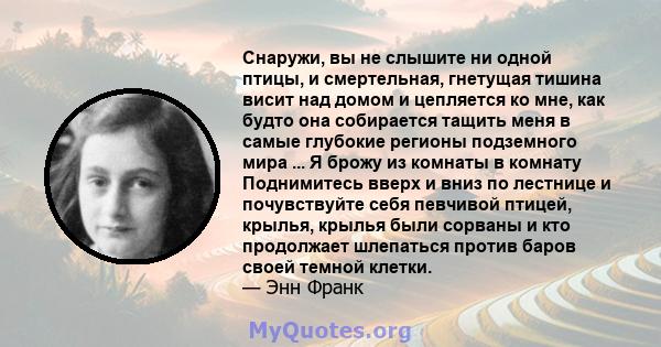 Снаружи, вы не слышите ни одной птицы, и смертельная, гнетущая тишина висит над домом и цепляется ко мне, как будто она собирается тащить меня в самые глубокие регионы подземного мира ... Я брожу из комнаты в комнату