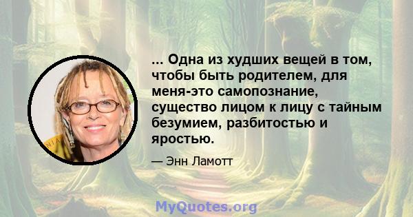 ... Одна из худших вещей в том, чтобы быть родителем, для меня-это самопознание, существо лицом к лицу с тайным безумием, разбитостью и яростью.