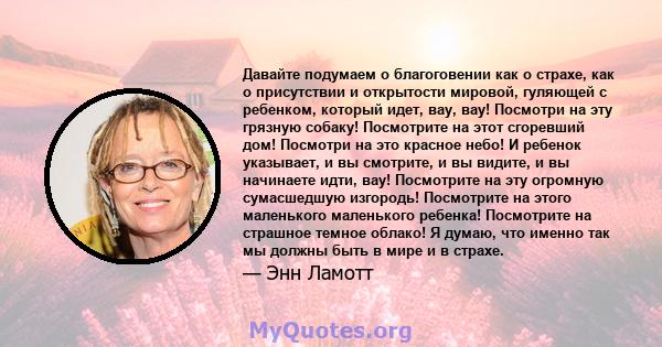 Давайте подумаем о благоговении как о страхе, как о присутствии и открытости мировой, гуляющей с ребенком, который идет, вау, вау! Посмотри на эту грязную собаку! Посмотрите на этот сгоревший дом! Посмотри на это