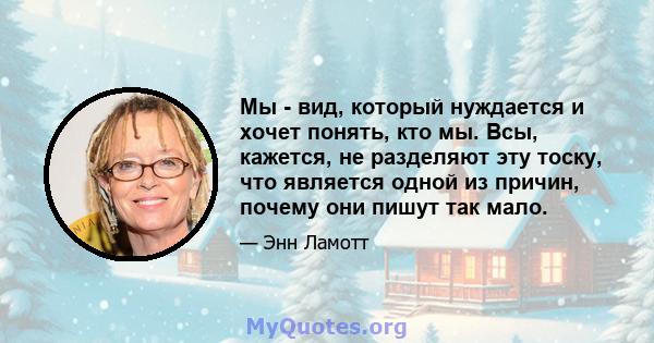 Мы - вид, который нуждается и хочет понять, кто мы. Всы, кажется, не разделяют эту тоску, что является одной из причин, почему они пишут так мало.