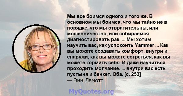 Мы все боимся одного и того же. В основном мы боимся, что мы тайно не в порядке, что мы отвратительны, или мошенничество, или собираемся диагностировать рак. ... Мы хотим научить вас, как успокоить Yammer ... Как вы