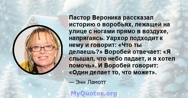 Пастор Вероника рассказал историю о воробьях, лежащей на улице с ногами прямо в воздухе, напрягаясь. Уархор подходит к нему и говорит: «Что ты делаешь?» Воробей отвечает: «Я слышал, что небо падает, и я хотел помочь». И 