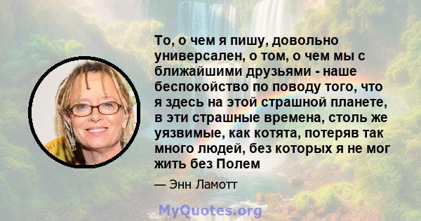 То, о чем я пишу, довольно универсален, о том, о чем мы с ближайшими друзьями - наше беспокойство по поводу того, что я здесь на этой страшной планете, в эти страшные времена, столь же уязвимые, как котята, потеряв так