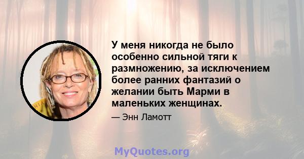 У меня никогда не было особенно сильной тяги к размножению, за исключением более ранних фантазий о желании быть Марми в маленьких женщинах.