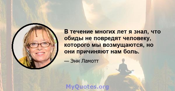 В течение многих лет я знал, что обиды не повредят человеку, которого мы возмущаются, но они причиняют нам боль.