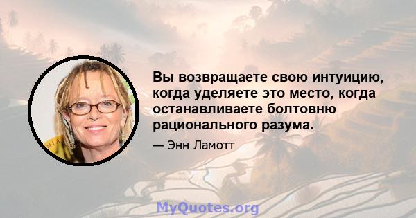 Вы возвращаете свою интуицию, когда уделяете это место, когда останавливаете болтовню рационального разума. Рациональный разум не питает вас. Вы предполагаете, что это дает вам правду, потому что рациональный разум -