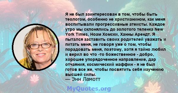 Я не был заинтересован в том, чтобы быть теологом, особенно не христианином, как меня воспитывали прогрессивные атеисты. Каждое утро мы склонялись до золотого теленка New York Times, Ноам Хомски, Ханны Арендт. Я пытался 