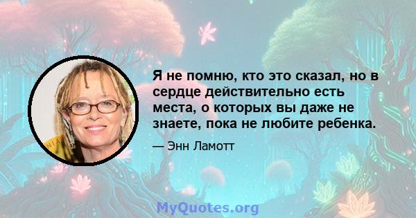 Я не помню, кто это сказал, но в сердце действительно есть места, о которых вы даже не знаете, пока не любите ребенка.