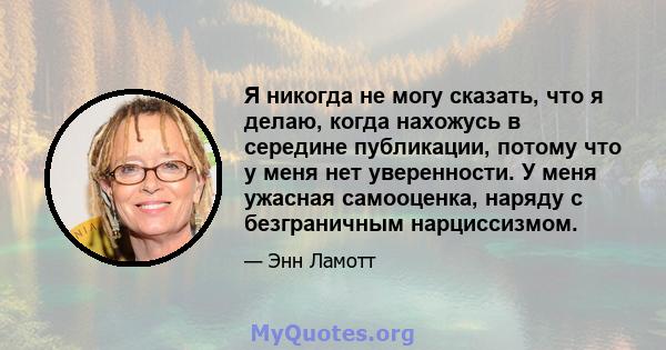 Я никогда не могу сказать, что я делаю, когда нахожусь в середине публикации, потому что у меня нет уверенности. У меня ужасная самооценка, наряду с безграничным нарциссизмом.