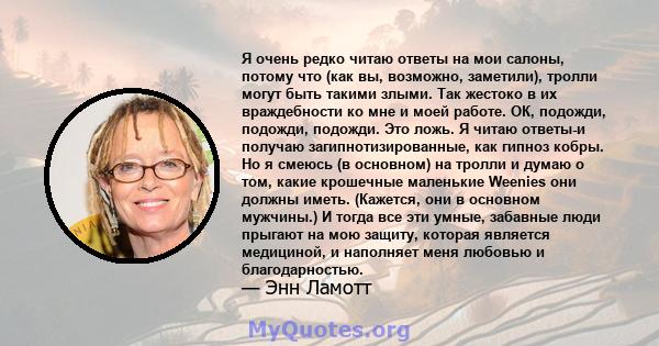 Я очень редко читаю ответы на мои салоны, потому что (как вы, возможно, заметили), тролли могут быть такими злыми. Так жестоко в их враждебности ко мне и моей работе. ОК, подожди, подожди, подожди. Это ложь. Я читаю