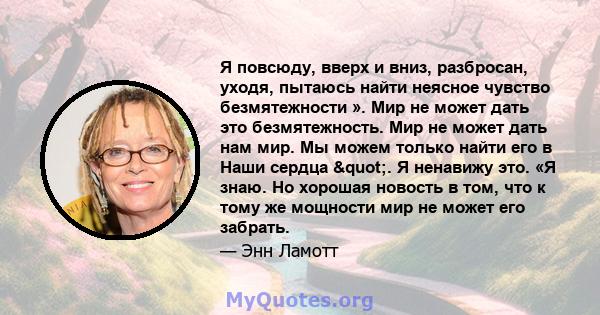 Я повсюду, вверх и вниз, разбросан, уходя, пытаюсь найти неясное чувство безмятежности ». Мир не может дать это безмятежность. Мир не может дать нам мир. Мы можем только найти его в Наши сердца ". Я ненавижу это.