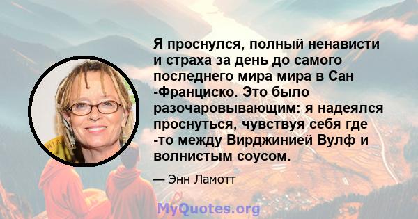 Я проснулся, полный ненависти и страха за день до самого последнего мира мира в Сан -Франциско. Это было разочаровывающим: я надеялся проснуться, чувствуя себя где -то между Вирджинией Вулф и волнистым соусом.