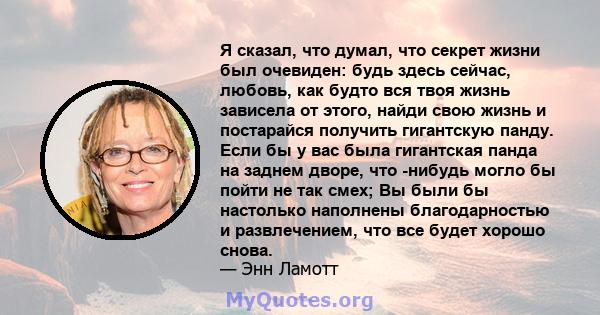 Я сказал, что думал, что секрет жизни был очевиден: будь здесь сейчас, любовь, как будто вся твоя жизнь зависела от этого, найди свою жизнь и постарайся получить гигантскую панду. Если бы у вас была гигантская панда на