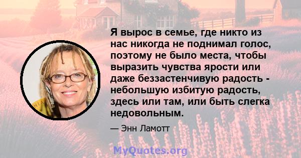 Я вырос в семье, где никто из нас никогда не поднимал голос, поэтому не было места, чтобы выразить чувства ярости или даже беззастенчивую радость - небольшую избитую радость, здесь или там, или быть слегка недовольным.