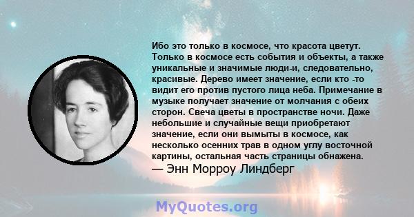 Ибо это только в космосе, что красота цветут. Только в космосе есть события и объекты, а также уникальные и значимые люди-и, следовательно, красивые. Дерево имеет значение, если кто -то видит его против пустого лица