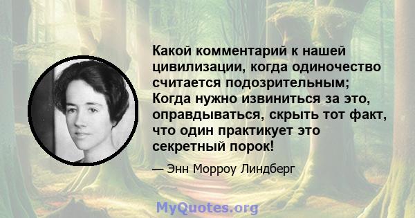 Какой комментарий к нашей цивилизации, когда одиночество считается подозрительным; Когда нужно извиниться за это, оправдываться, скрыть тот факт, что один практикует это секретный порок!