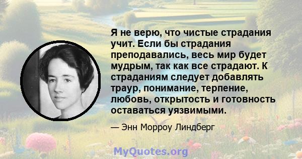 Я не верю, что чистые страдания учит. Если бы страдания преподавались, весь мир будет мудрым, так как все страдают. К страданиям следует добавлять траур, понимание, терпение, любовь, открытость и готовность оставаться