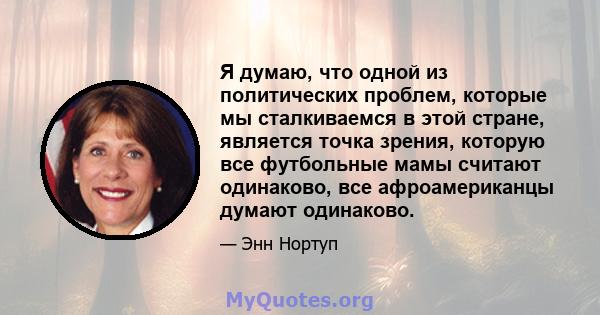 Я думаю, что одной из политических проблем, которые мы сталкиваемся в этой стране, является точка зрения, которую все футбольные мамы считают одинаково, все афроамериканцы думают одинаково.