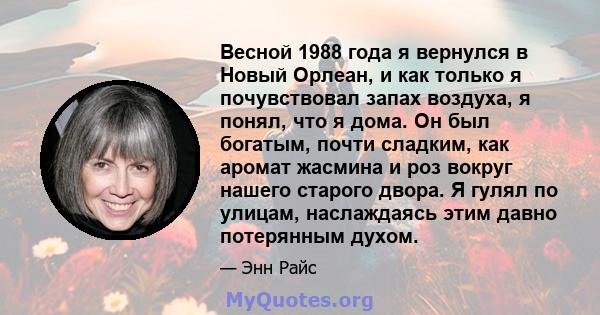 Весной 1988 года я вернулся в Новый Орлеан, и как только я почувствовал запах воздуха, я понял, что я дома. Он был богатым, почти сладким, как аромат жасмина и роз вокруг нашего старого двора. Я гулял по улицам,