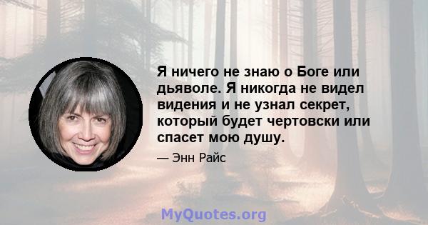 Я ничего не знаю о Боге или дьяволе. Я никогда не видел видения и не узнал секрет, который будет чертовски или спасет мою душу.