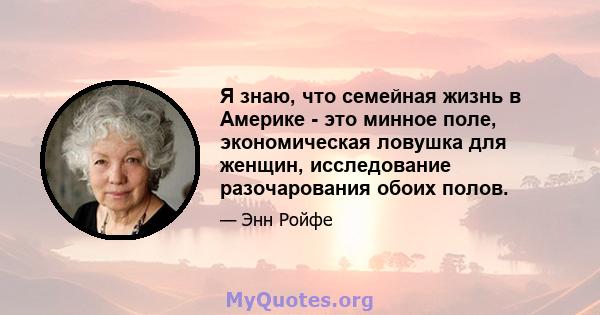 Я знаю, что семейная жизнь в Америке - это минное поле, экономическая ловушка для женщин, исследование разочарования обоих полов.