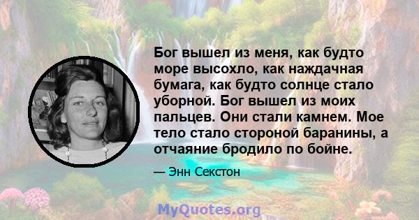 Бог вышел из меня, как будто море высохло, как наждачная бумага, как будто солнце стало уборной. Бог вышел из моих пальцев. Они стали камнем. Мое тело стало стороной баранины, а отчаяние бродило по бойне.