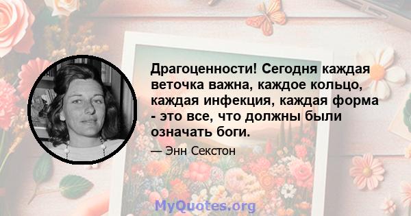 Драгоценности! Сегодня каждая веточка важна, каждое кольцо, каждая инфекция, каждая форма - это все, что должны были означать боги.