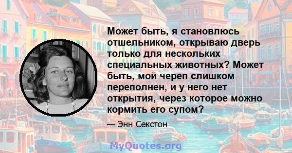 Может быть, я становлюсь отшельником, открываю дверь только для нескольких специальных животных? Может быть, мой череп слишком переполнен, и у него нет открытия, через которое можно кормить его супом?