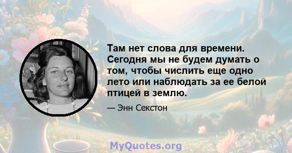 Там нет слова для времени. Сегодня мы не будем думать о том, чтобы числить еще одно лето или наблюдать за ее белой птицей в землю.