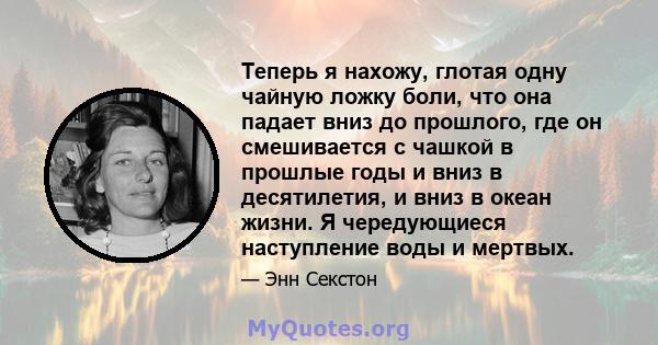 Теперь я нахожу, глотая одну чайную ложку боли, что она падает вниз до прошлого, где он смешивается с чашкой в ​​прошлые годы и вниз в десятилетия, и вниз в океан жизни. Я чередующиеся наступление воды и мертвых.