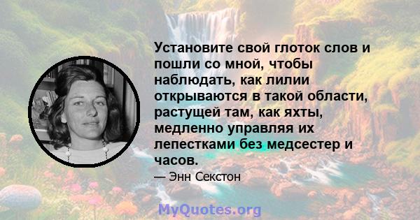 Установите свой глоток слов и пошли со мной, чтобы наблюдать, как лилии открываются в такой области, растущей там, как яхты, медленно управляя их лепестками без медсестер и часов.