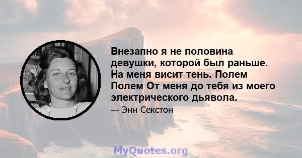 Внезапно я не половина девушки, которой был раньше. На меня висит тень. Полем Полем От меня до тебя из моего электрического дьявола.