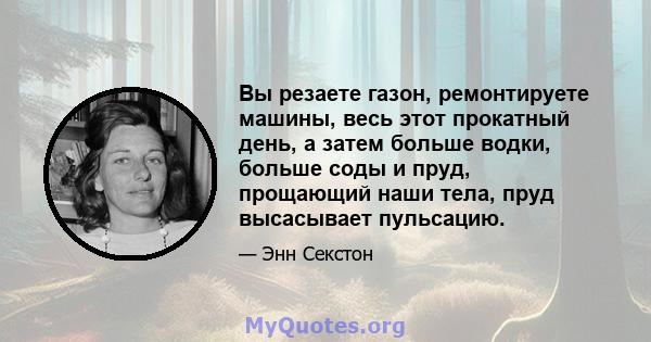 Вы резаете газон, ремонтируете машины, весь этот прокатный день, а затем больше водки, больше соды и пруд, прощающий наши тела, пруд высасывает пульсацию.