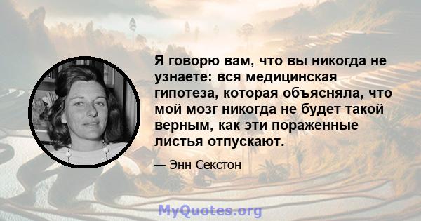 Я говорю вам, что вы никогда не узнаете: вся медицинская гипотеза, которая объясняла, что мой мозг никогда не будет такой верным, как эти пораженные листья отпускают.