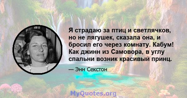 Я страдаю за птиц и светлячков, но не лягушек, сказала она, и бросил его через комнату. Кабум! Как джинн из Самовора, в углу спальни возник красивый принц.