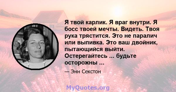 Я твой карлик. Я враг внутри. Я босс твоей мечты. Видеть. Твоя рука трястится. Это не паралич или выпивка. Это ваш двойник, пытающийся выйти. Остерегайтесь ... будьте осторожны ...