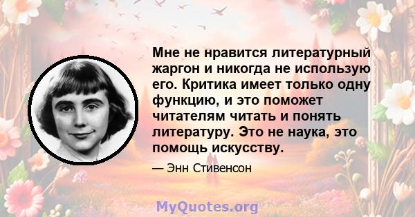 Мне не нравится литературный жаргон и никогда не использую его. Критика имеет только одну функцию, и это поможет читателям читать и понять литературу. Это не наука, это помощь искусству.